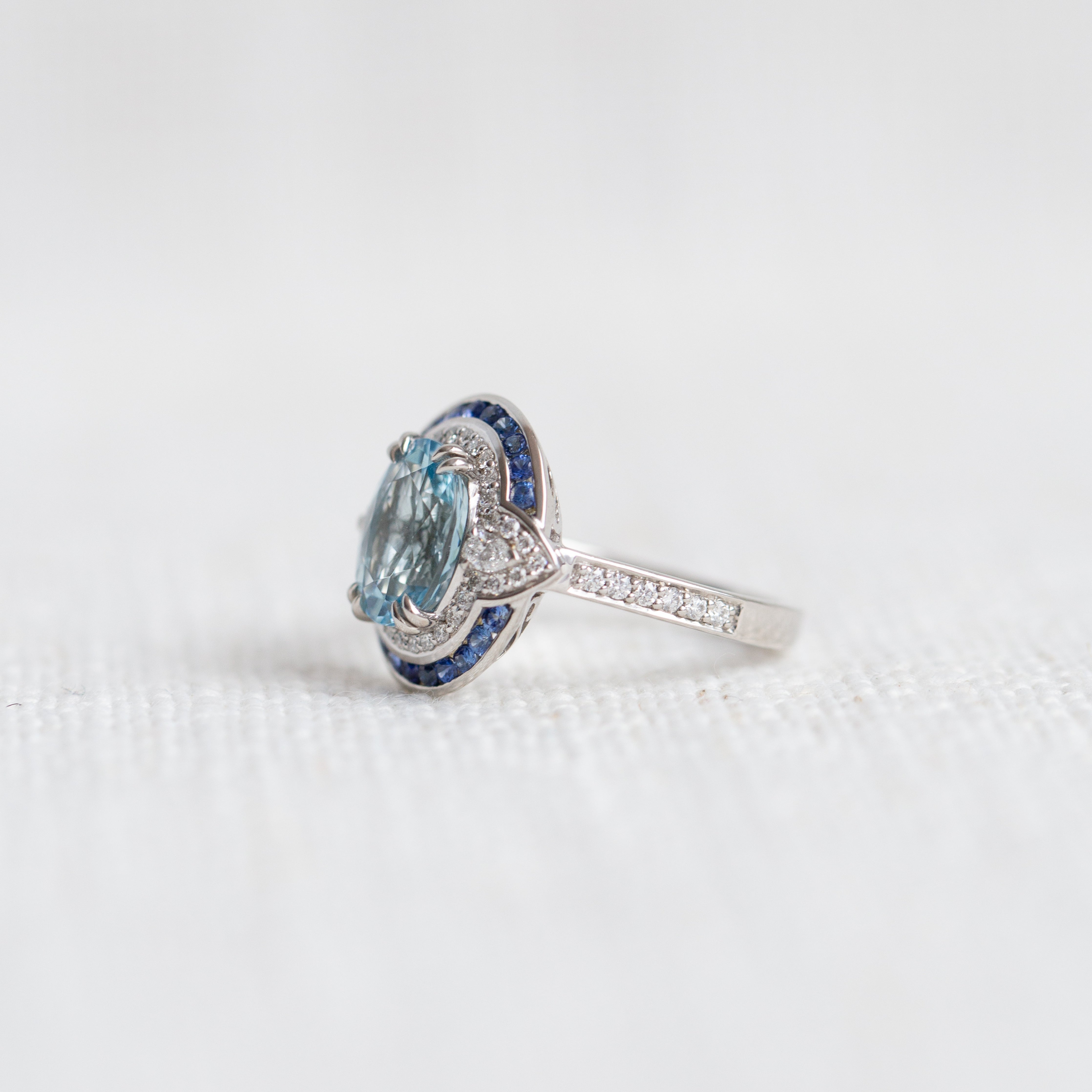 Platinum Aquamarine, Sapphire & Diamond Cocktail Ring