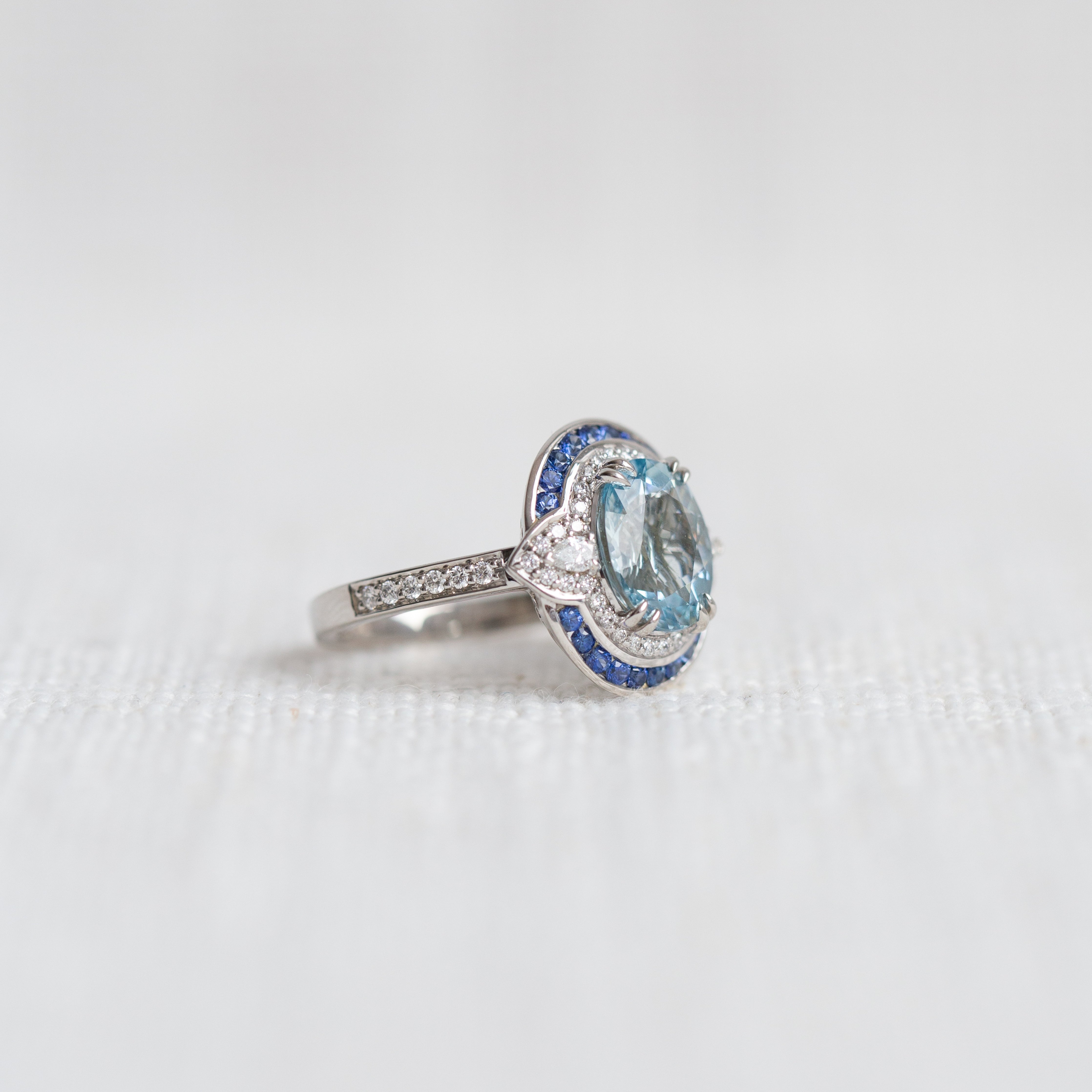 Platinum Aquamarine, Sapphire & Diamond Cocktail Ring