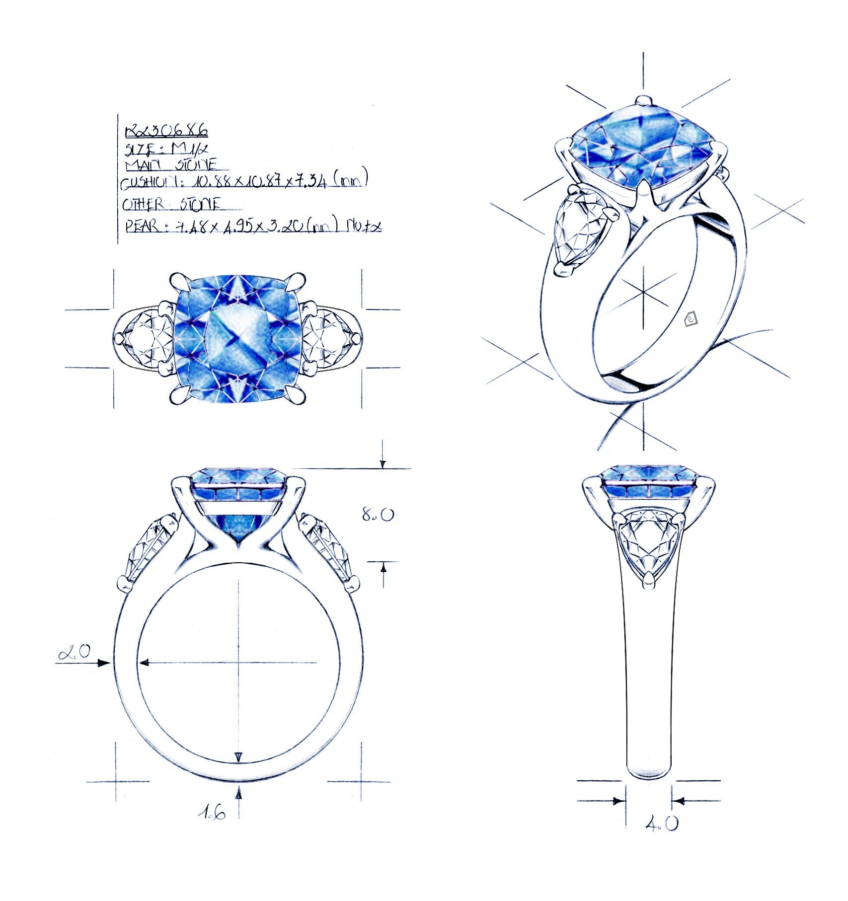 purple spinel and pear cut diamonds hand draw (1)